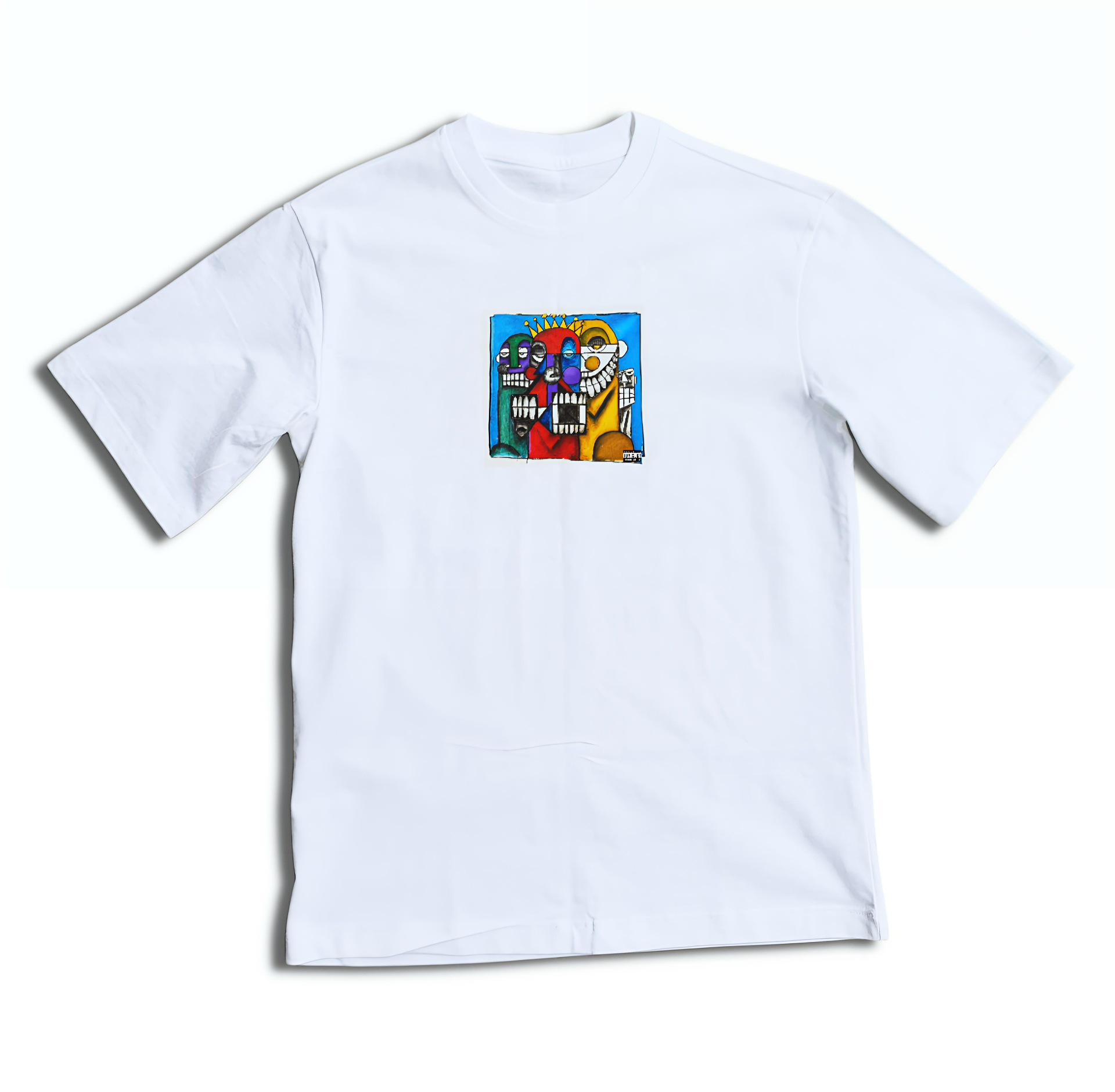 NAKANJANI white tee flat-lay with crowned figures graphic