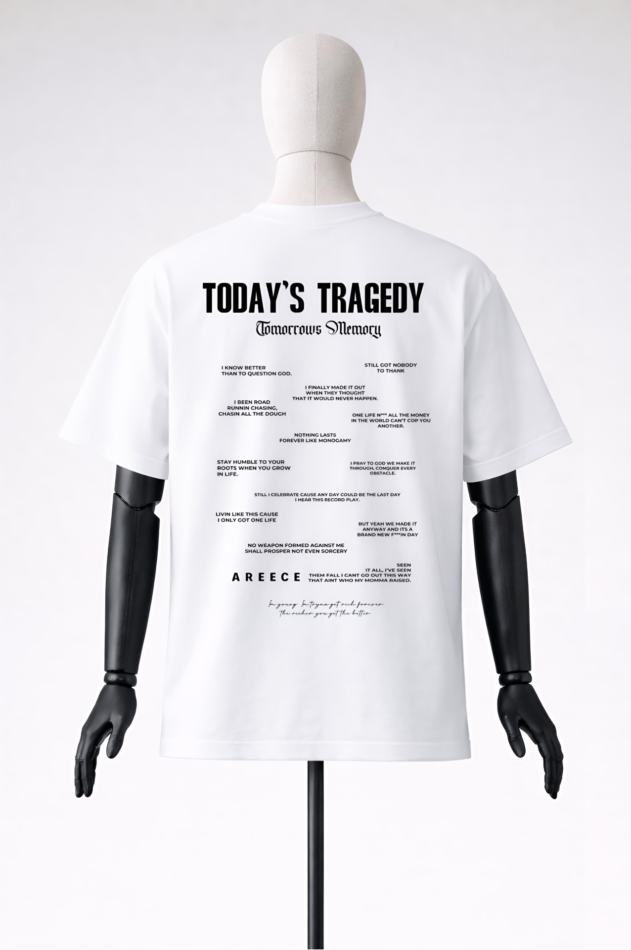 NAKANJANI white tee — 'Today's Tragedy' editorial typography